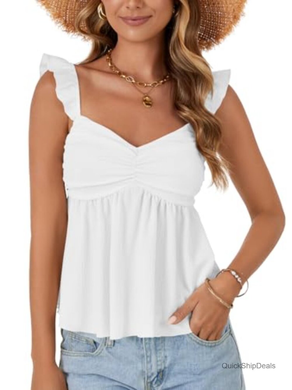 Babydoll Tank Top Ruffled Strap Sleeveless Peplum Camisole Summer Top